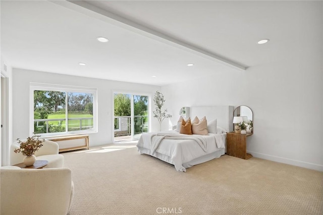 bedroom featuring recessed lighting, light colored carpet, beamed ceiling, and baseboards