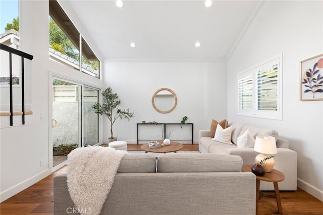 living room featuring baseboards, plenty of natural light, ornamental molding, and wood finished floors