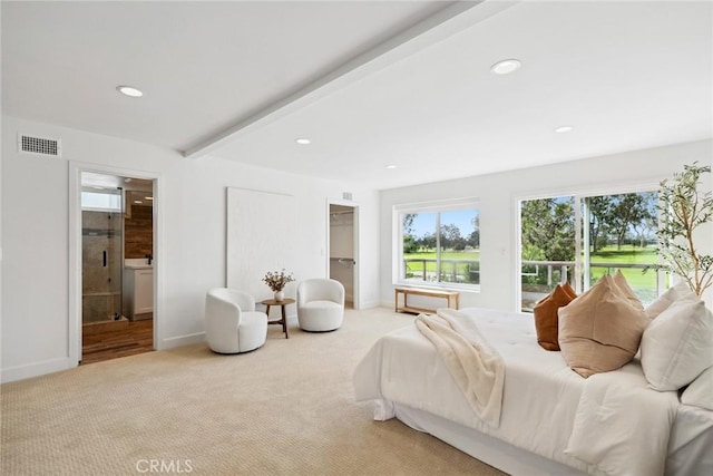 bedroom featuring light carpet, visible vents, beamed ceiling, and recessed lighting