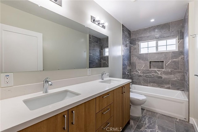 3722 Degnan Blvd, Los Angeles, CA 90018 - bathroom featuring double vanity, toilet, shower / washtub combination, and marble finish flooring