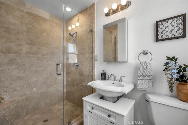 full bathroom featuring a stall shower, a sink, and toilet