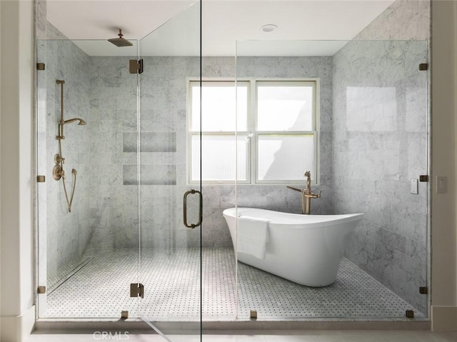 31 Vista Tramonto, Newport Coast, CA 92657 - bathroom with a shower stall, a soaking tub, and tile patterned flooring