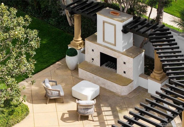 exterior space featuring a premium fireplace and stairs