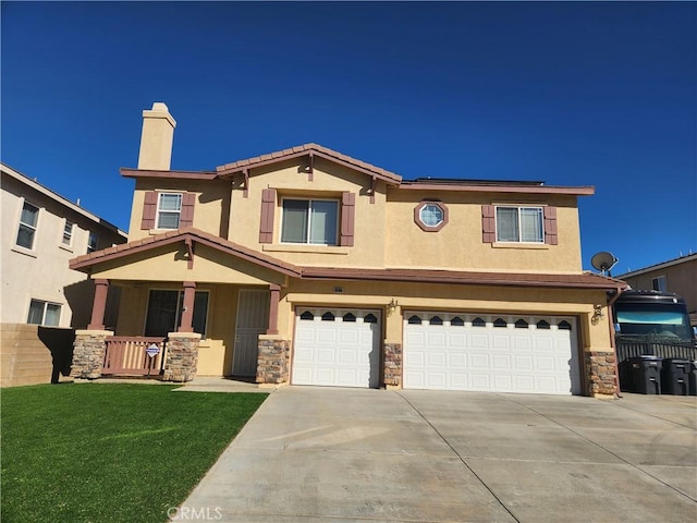 view of front of house featuring a garage, stone siding, a front yard, and stucco siding