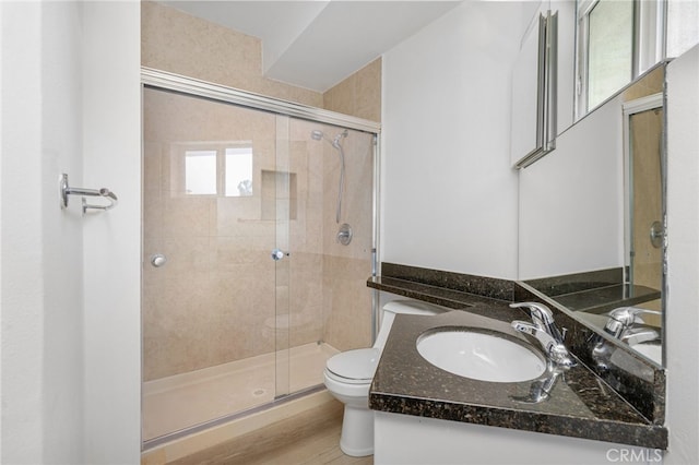 bathroom with toilet, a shower stall, and vanity