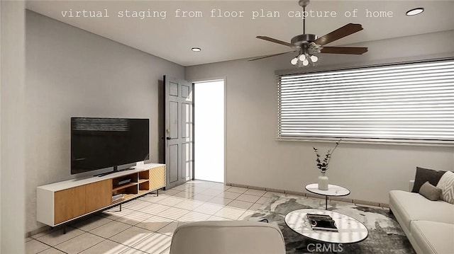 living area featuring light tile patterned floors and a ceiling fan