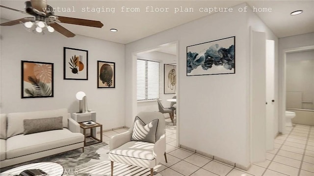 living room featuring recessed lighting, ceiling fan, and light tile patterned floors