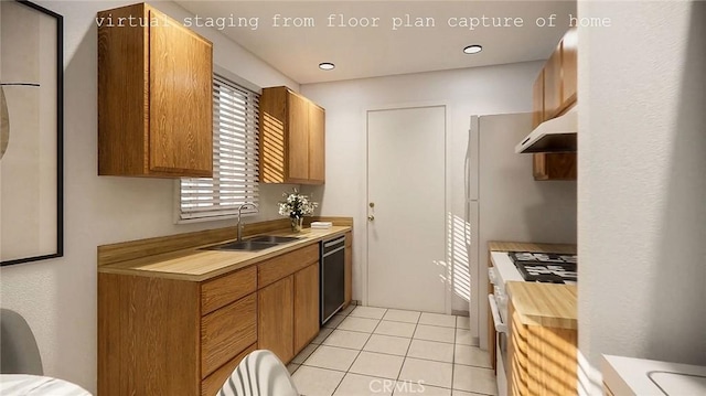 kitchen featuring light tile patterned floors, under cabinet range hood, a sink, white gas range oven, and dishwasher