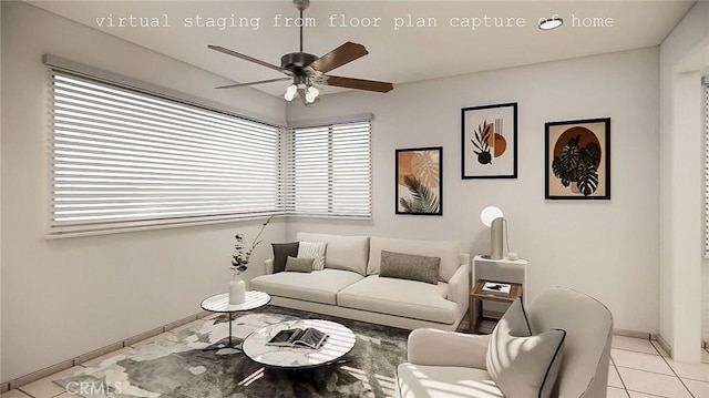 living room featuring a ceiling fan and light tile patterned floors