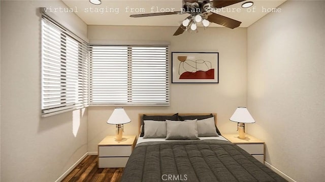 bedroom with dark wood-style floors, baseboards, and a ceiling fan