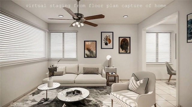 living area with tile patterned flooring, a healthy amount of sunlight, ceiling fan, and recessed lighting