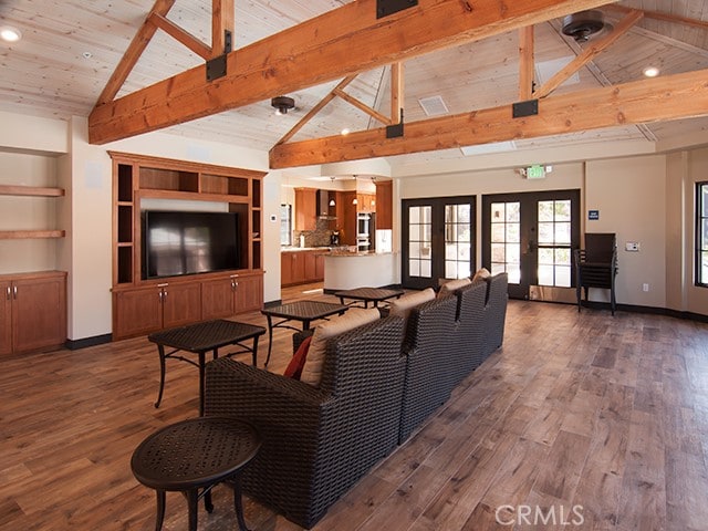 living room featuring french doors, wood finished floors, wood ceiling, and baseboards