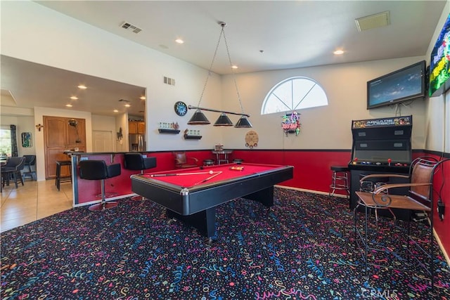 game room with billiards, visible vents, and recessed lighting