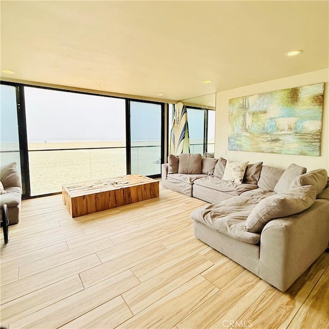 living area featuring light wood-type flooring and floor to ceiling windows