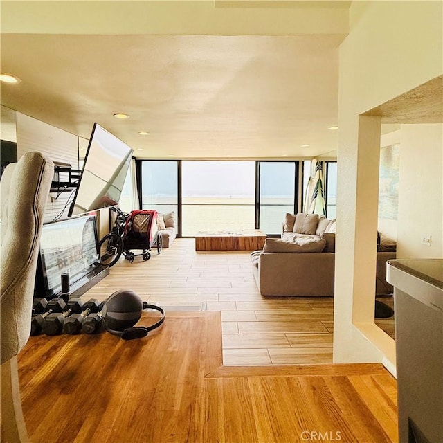 exercise room featuring expansive windows and wood finished floors