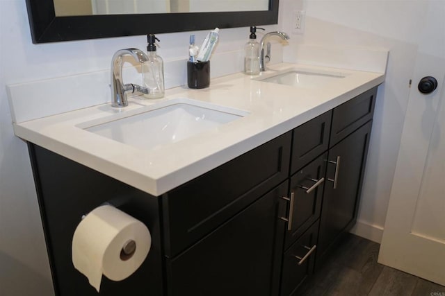 full bathroom with double vanity, a sink, and wood finished floors