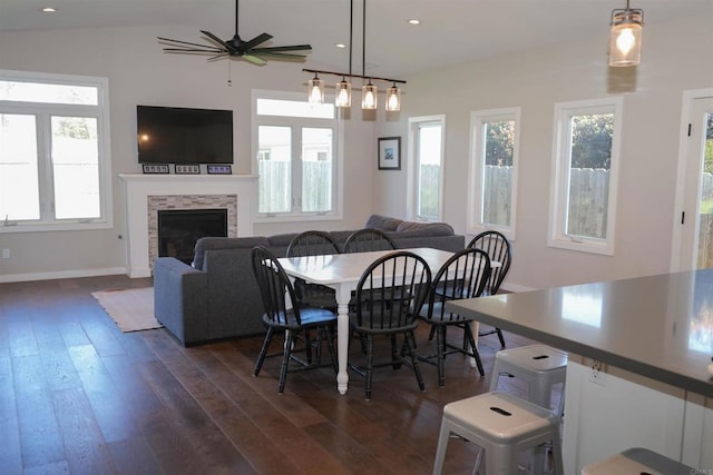 dining space with dark wood finished floors, a healthy amount of sunlight, a fireplace, and baseboards