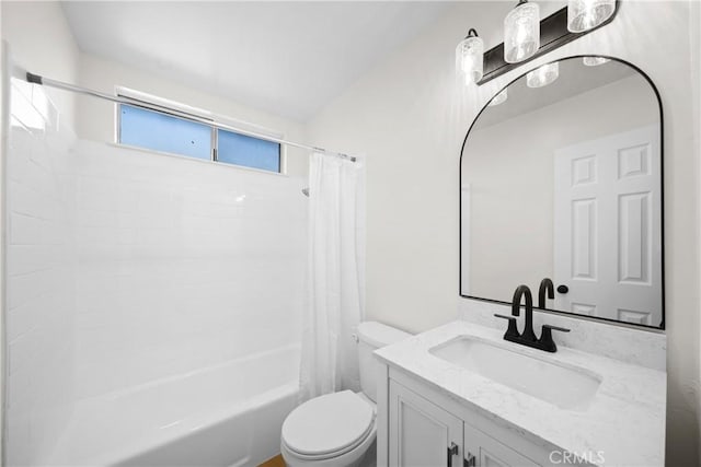 full bathroom with toilet, shower / bath combo with shower curtain, and vanity