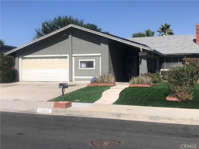 ranch-style home featuring driveway, an attached garage, a shingled roof, and stucco siding