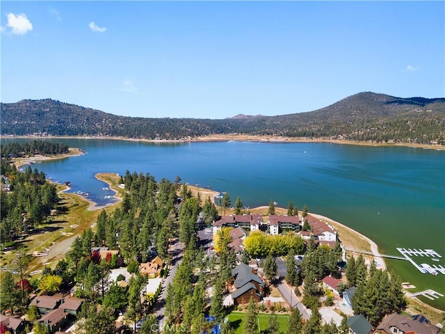 aerial view featuring a water and mountain view