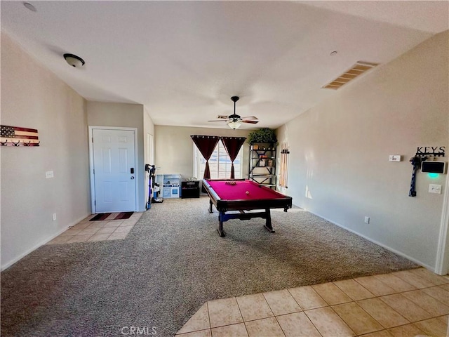 game room with light tile patterned floors, visible vents, light carpet, ceiling fan, and billiards