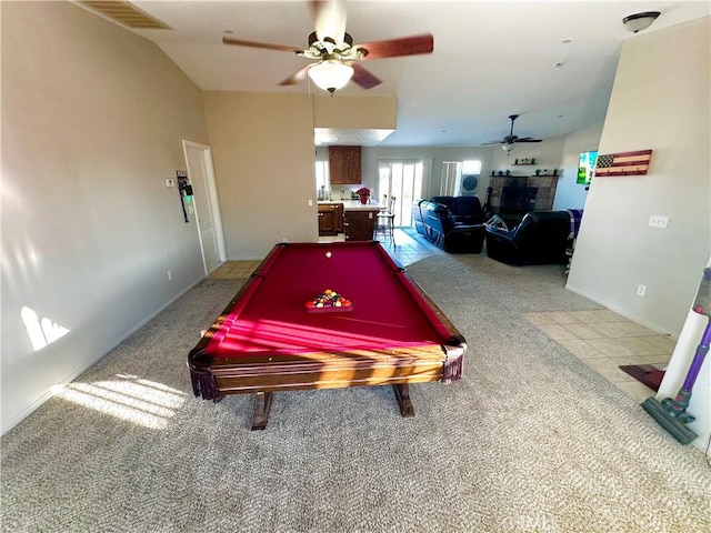 rec room featuring light tile patterned floors, pool table, visible vents, ceiling fan, and baseboards