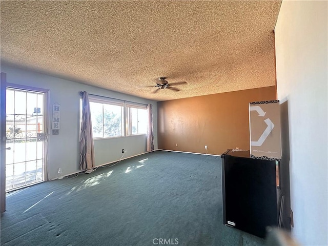 19863 Drasin Dr, Canyon Country, CA 91351 - unfurnished living room featuring carpet, ceiling fan, and a textured ceiling