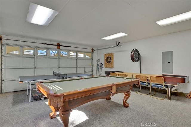 game room with a garage, electric panel, and billiards