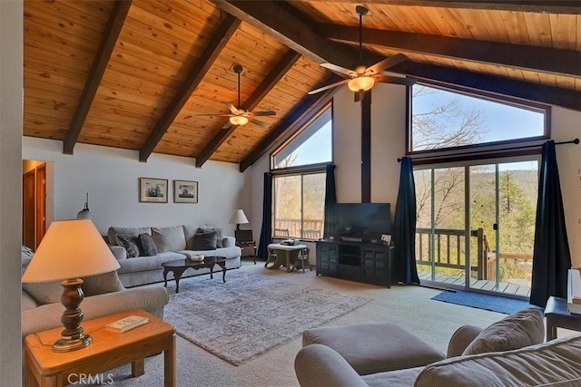 living room with light carpet, a ceiling fan, wood ceiling, beamed ceiling, and high vaulted ceiling
