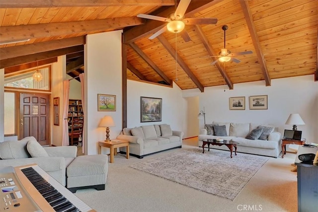 carpeted living room featuring a ceiling fan, wooden ceiling, high vaulted ceiling, and beam ceiling