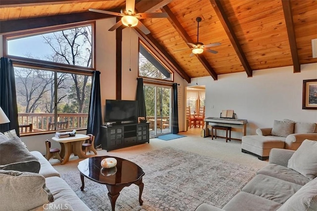 living room with beam ceiling, a ceiling fan, light carpet, high vaulted ceiling, and wooden ceiling