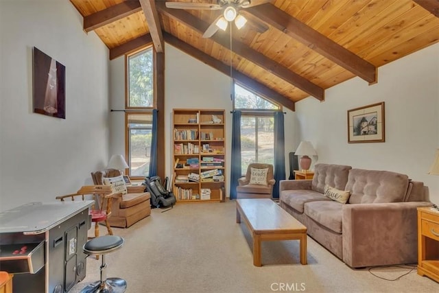 living area with beam ceiling, light colored carpet, a ceiling fan, high vaulted ceiling, and wooden ceiling