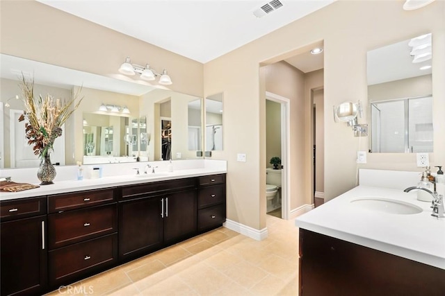 full bathroom with baseboards, visible vents, toilet, tile patterned flooring, and a shower stall