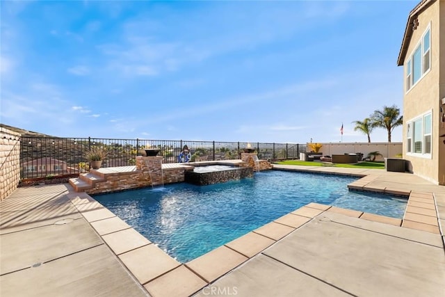 view of pool with a pool with connected hot tub, a patio area, outdoor lounge area, and fence