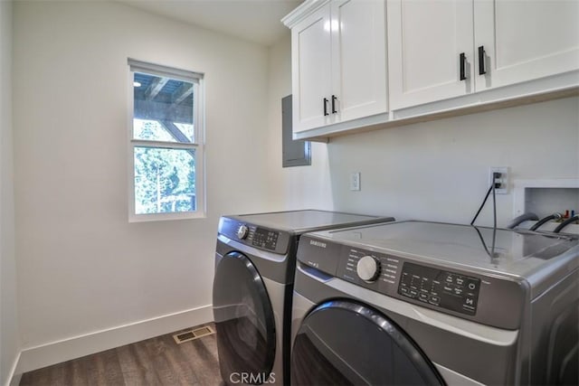 28622 Shenandoah Dr, Lake Arrowhead, CA 92352 - washroom with cabinet space, washing machine and dryer, dark wood finished floors, baseboards, and electric panel