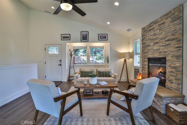 28622 Shenandoah Dr, Lake Arrowhead, CA 92352 - living area featuring vaulted ceiling, healthy amount of natural light, ceiling fan, baseboards, and wood finished floors