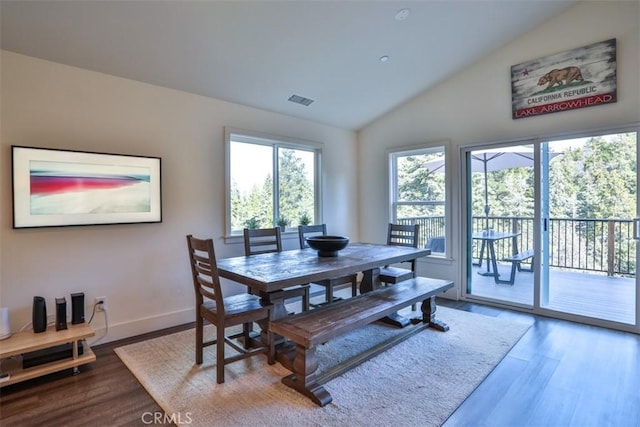 28622 Shenandoah Dr, Lake Arrowhead, CA 92352 - dining room featuring wood finished floors, baseboards, and high vaulted ceiling