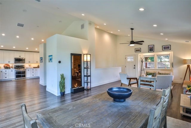 28622 Shenandoah Dr, Lake Arrowhead, CA 92352 - dining room with baseboards, recessed lighting, wood finished floors, high vaulted ceiling, and a ceiling fan