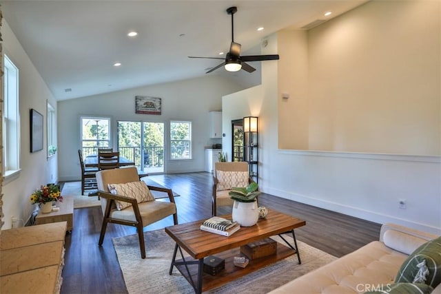 28622 Shenandoah Dr, Lake Arrowhead, CA 92352 - living area featuring vaulted ceiling, a ceiling fan, wood finished floors, recessed lighting, and baseboards