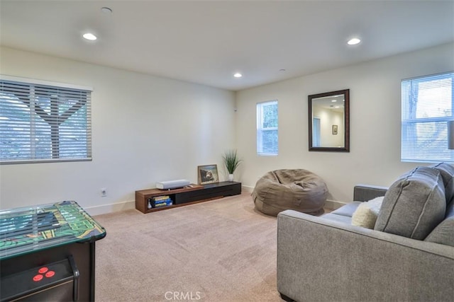 28622 Shenandoah Dr, Lake Arrowhead, CA 92352 - carpeted living room featuring plenty of natural light, recessed lighting, and baseboards