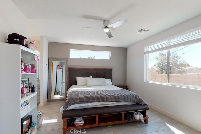 bedroom with baseboards, visible vents, and ceiling fan