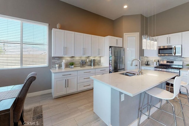 kitchen featuring stainless steel appliances, a sink, and light countertops