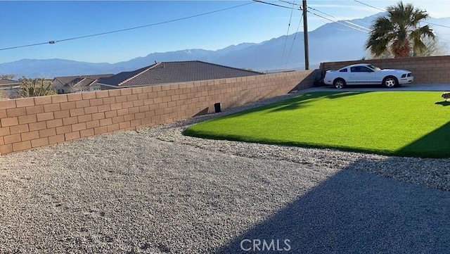 view of yard featuring a fenced backyard and a mountain view