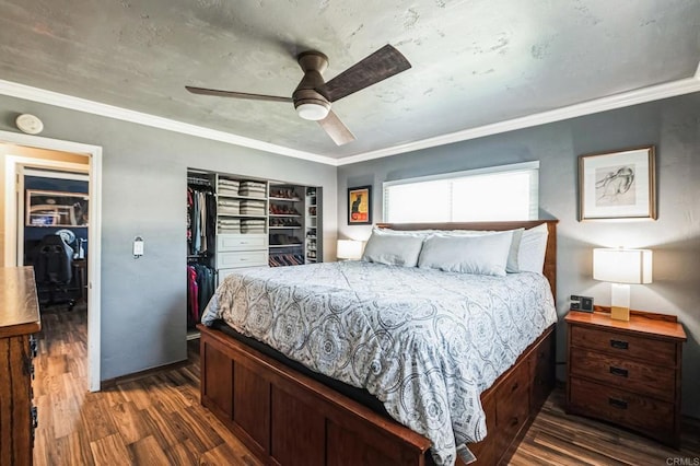 bedroom with ceiling fan, dark wood-style flooring, a closet, and crown molding