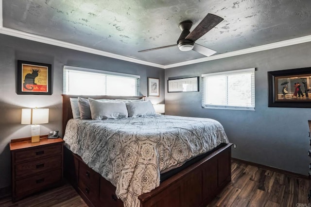 bedroom featuring multiple windows, dark wood finished floors, and crown molding