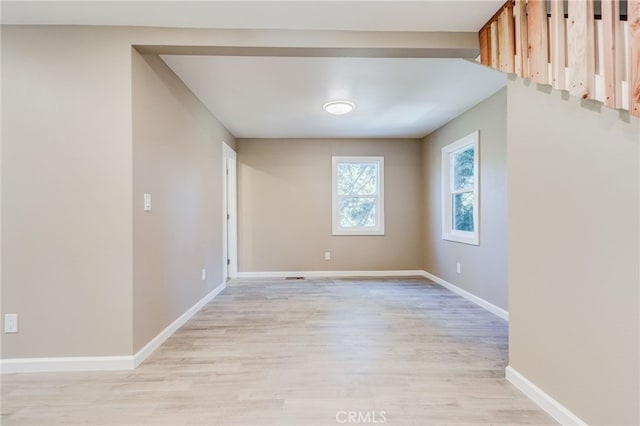 unfurnished room with light wood-style floors and baseboards