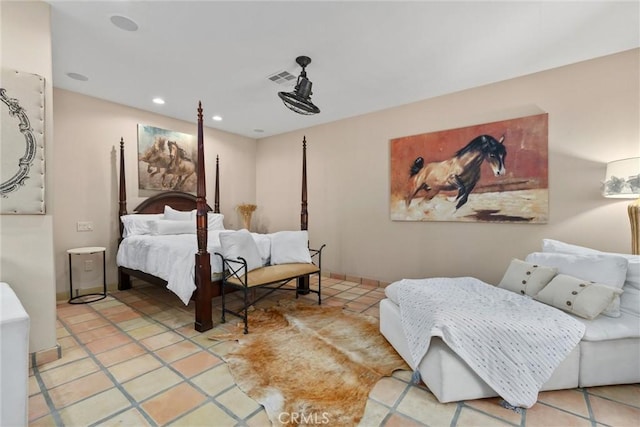 tiled bedroom featuring recessed lighting and visible vents