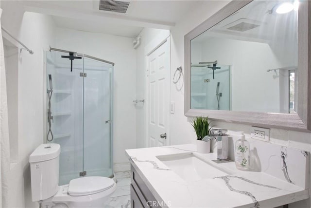 bathroom with vanity, visible vents, a stall shower, toilet, and marble finish floor