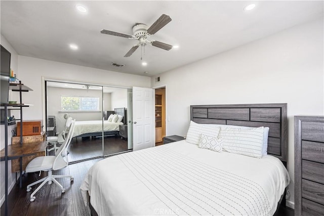 bedroom featuring visible vents, ceiling fan, wood finished floors, a closet, and recessed lighting