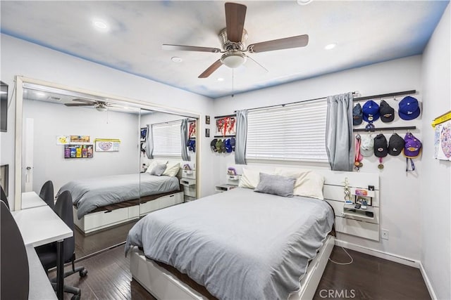 bedroom featuring a closet, a ceiling fan, wood finished floors, and recessed lighting